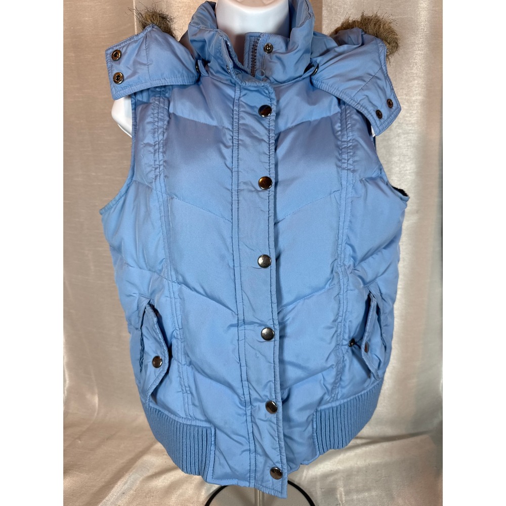 Light Blue Puffer Vest Hooded Faux Fur‎ NEW YORK CLASSICS